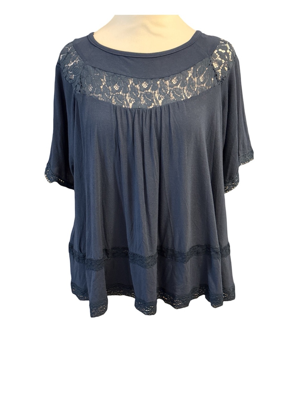 Angie Navy Lace Yoke Short Sleeve Flowy Blouse
